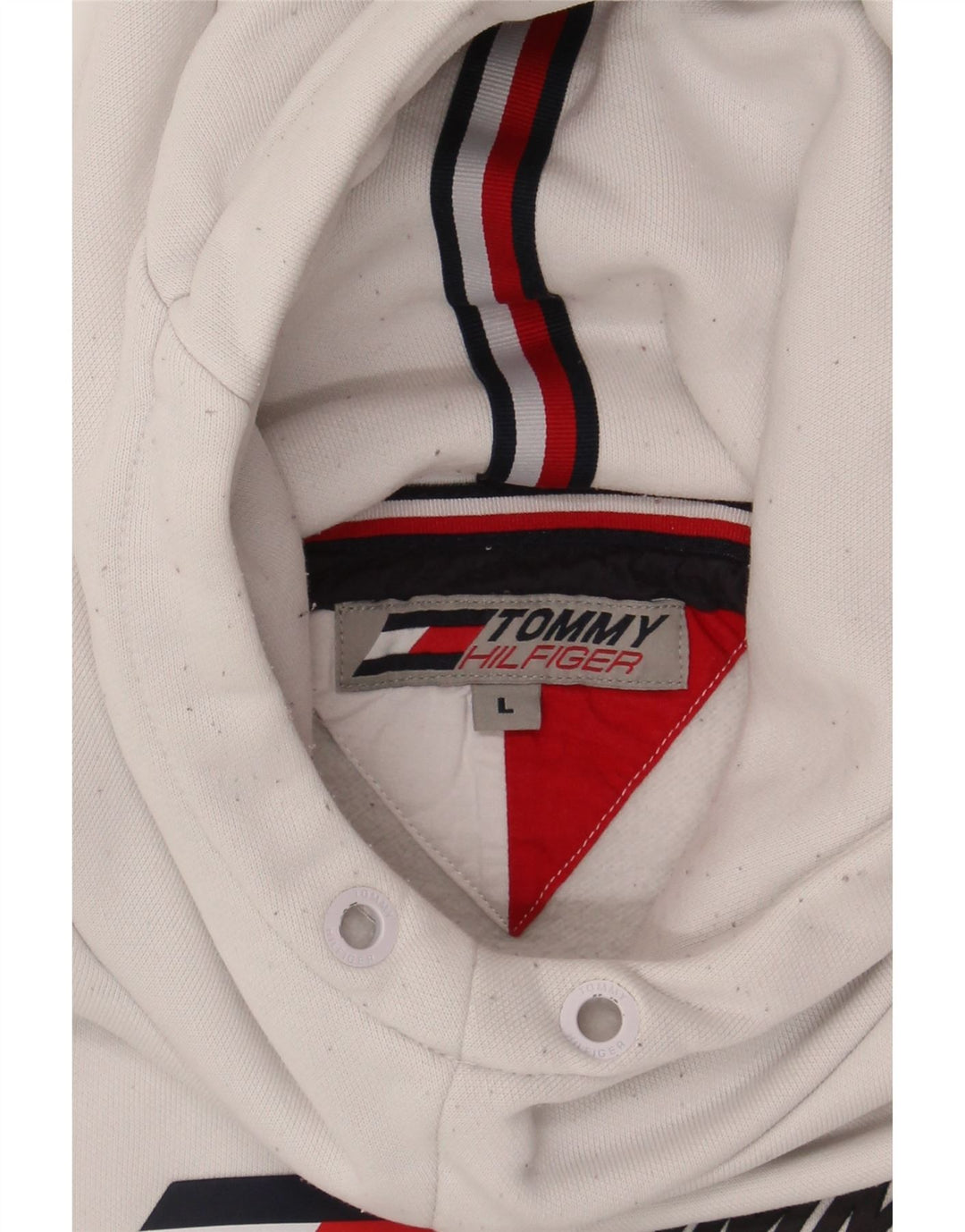 TOMMY HILFIGER Womens Graphic Hoodie Jumper UK 16 Large White Polyester Vintage Tommy Hilfiger and Second-Hand Tommy Hilfiger from Messina Hembry 
