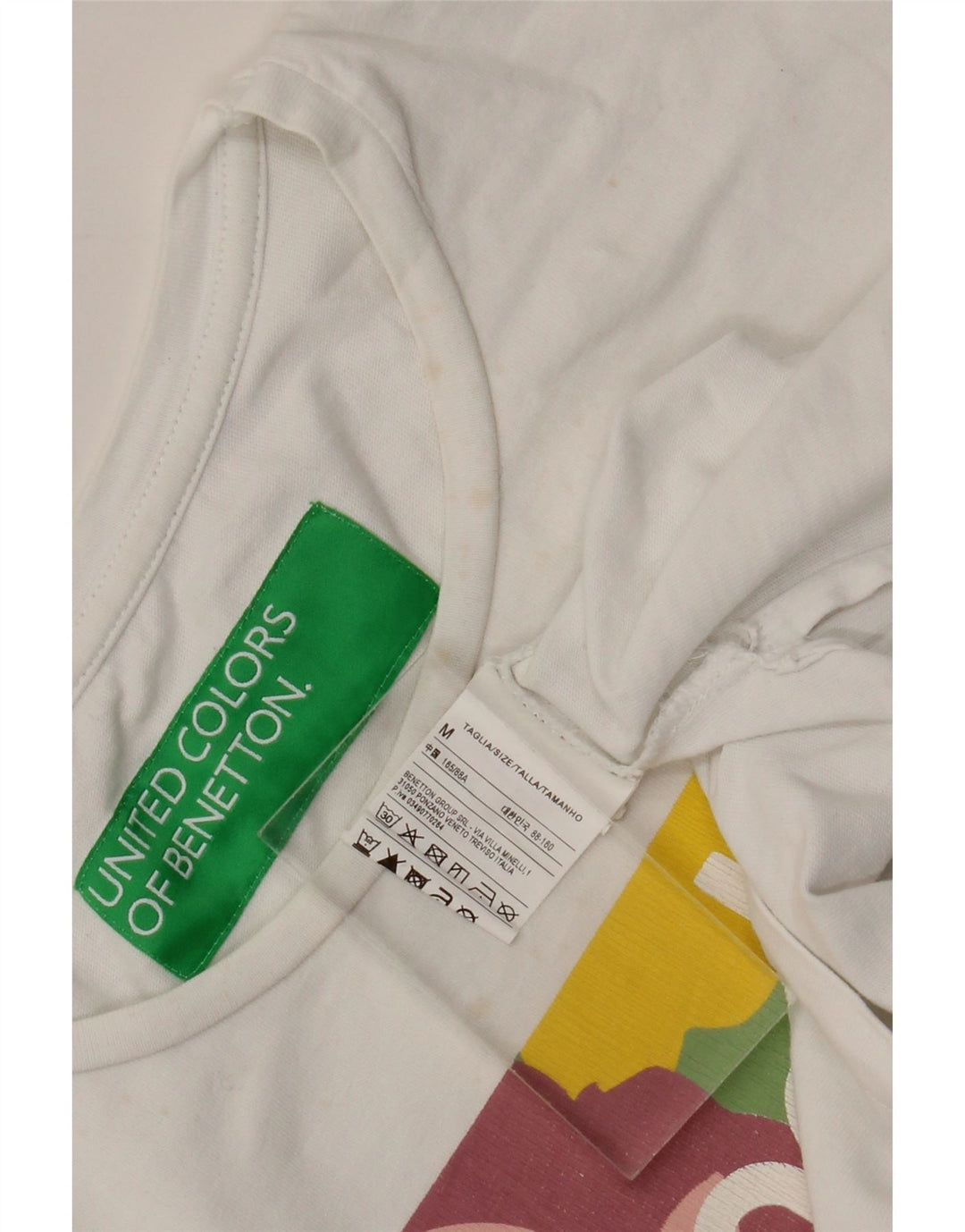 Benetton Dame Grafisk T-Shirt Top UK 14 Medium Hvid Bomuld