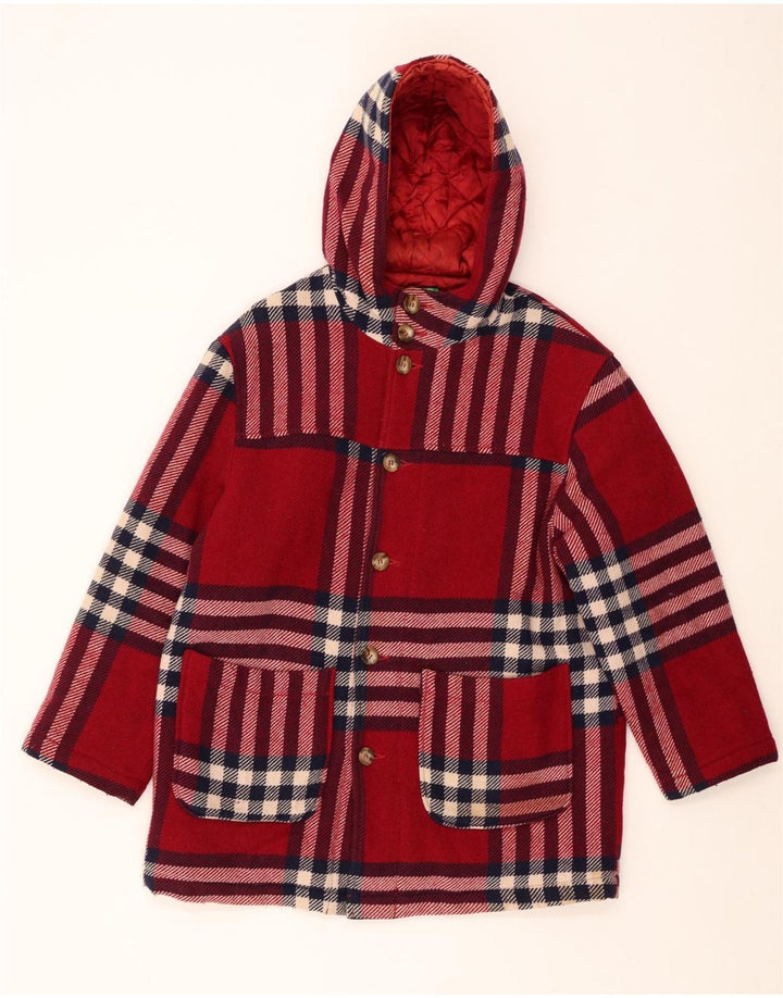 BENETTON Dame hætteoverfrakke UK 18 XL Rød Plaid Uld