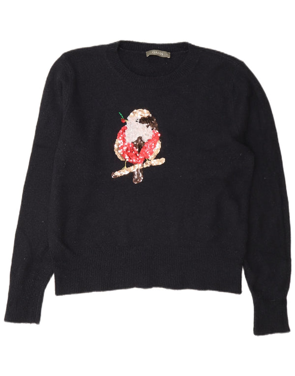 Oasis Dame Grafisk Crew Neck Jumper Sweater UK 16 Large Navy Blue Akryl