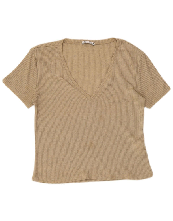 Zara Womens Crop Kortærmet V-hals Jumper Sweater UK 14 Large Beige