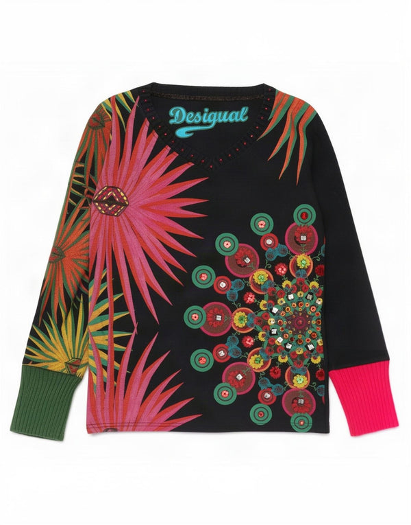 Desigual Womens Graphic Top Long Sleeve UK 12 Medium Black Floral Bohemian