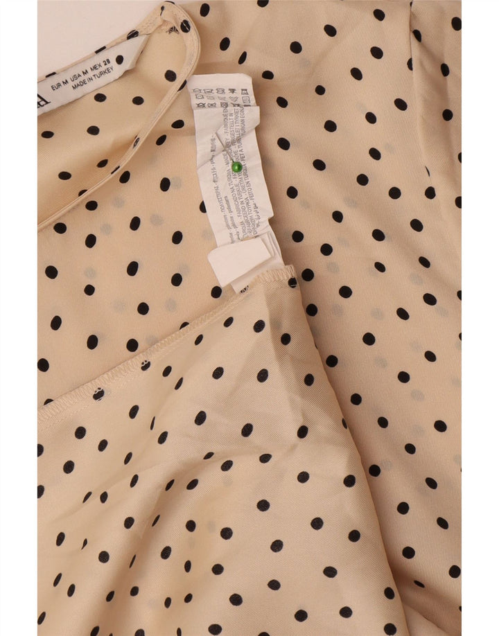 Zara Dame Langærmet Maxi Kjole UK 14 Medium Beige Polka Dot Polyester