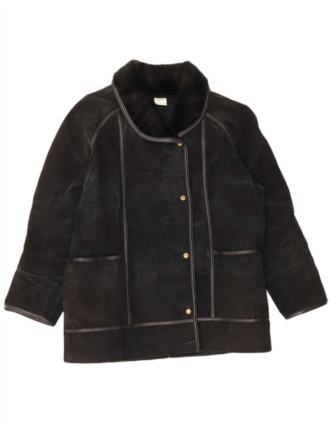 Vintage Dame Shearling Jacket UK 14/16 Large Black Læder