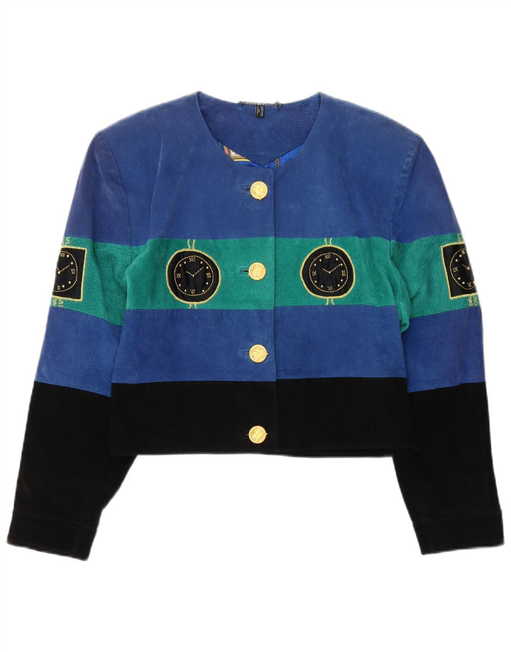 C & A Womens Crop Grafisk ruskindsjakke UK 12 Medium Blue Colourblock