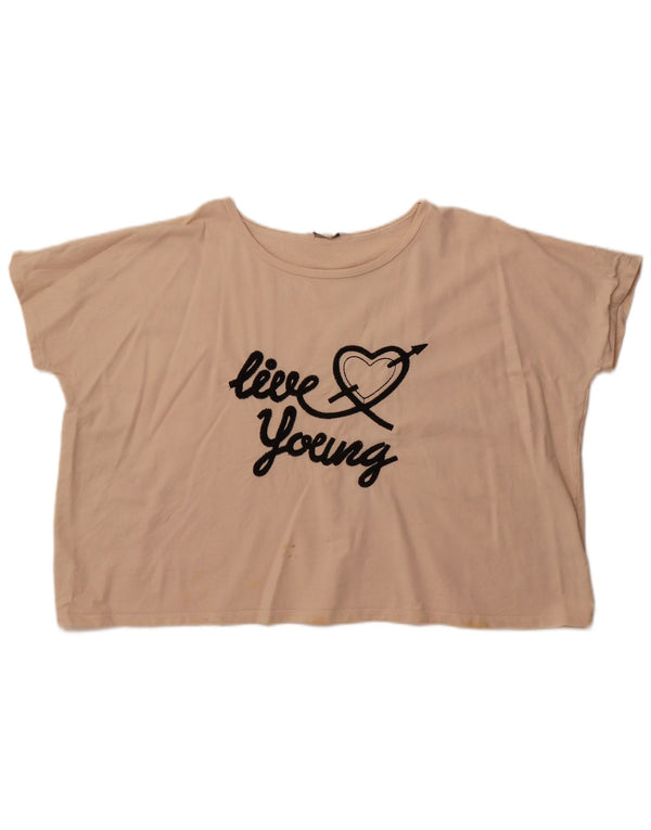 French Connection Dame Crop Grafisk T-Shirt Top UK 14 Medium Beige Bomuld