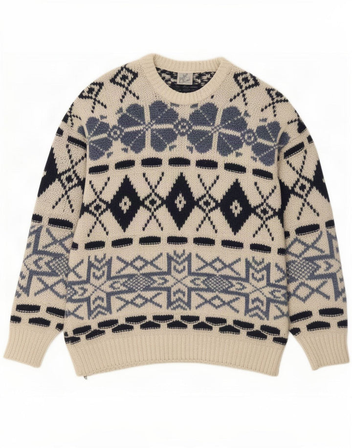 Shetland Herre trøje med rund hals, stor Off White Fair Isle