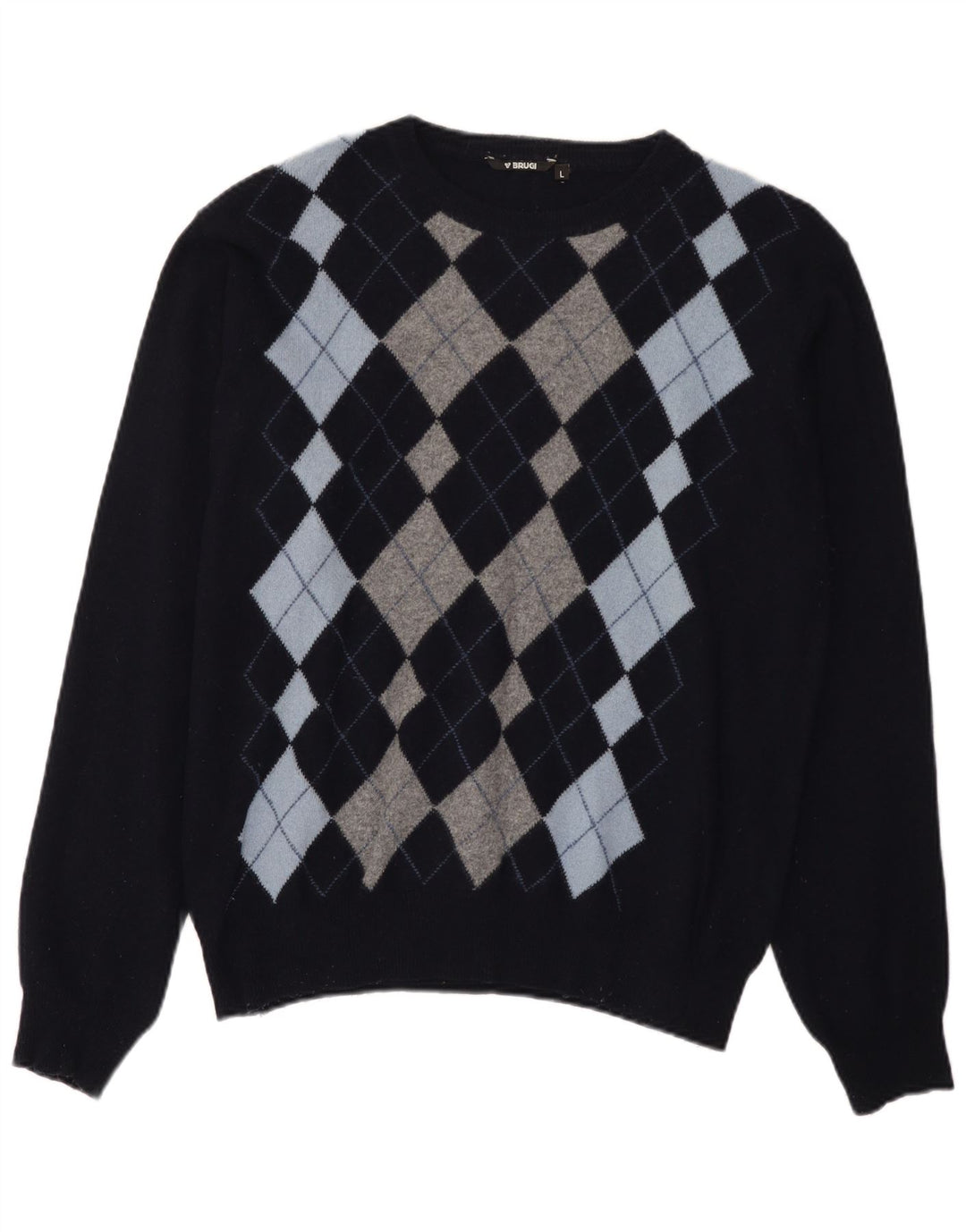 Brugi Herre Crew Neck Jumper Sweater Large Navy Blue Argyle/Diamond Wool