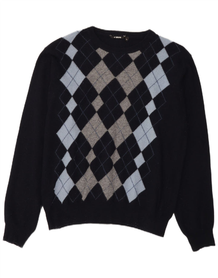 Brugi Herre Crew Neck Jumper Sweater Large Navy Blue Argyle/Diamond Wool