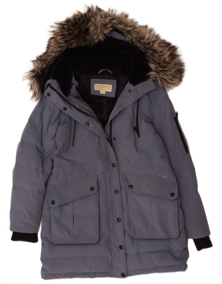 Michael Kors Dame Hætte Polstret Frakke UK 14 Medium Blue Polyester