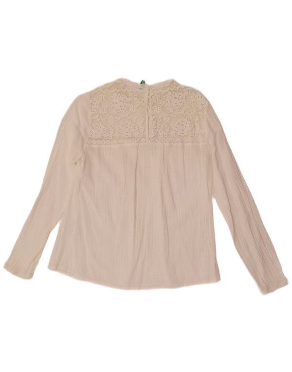 Benetton Womens Long Sleeve Blouse Top UK 10 Small White Cotton