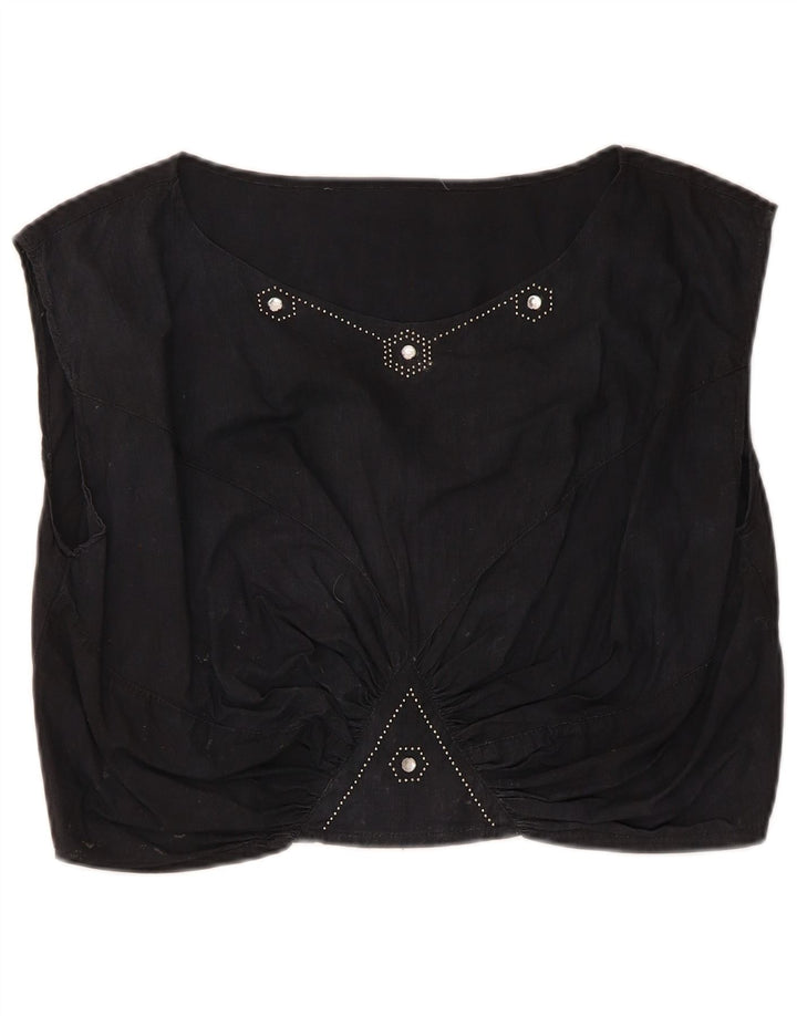 Vintage Dame Crop Bluse Top UK 14 Medium Black