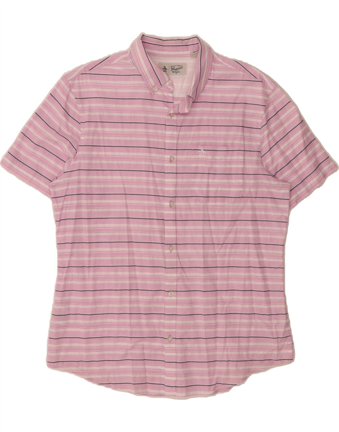 PENGUIN Mens Short Sleeve Shirt Large Pink Striped Cotton Vintage Penguin and Second-Hand Penguin from Messina Hembry 