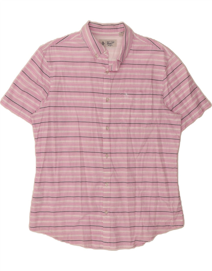 PENGUIN Mens Short Sleeve Shirt Large Pink Striped Cotton Vintage Penguin and Second-Hand Penguin from Messina Hembry 