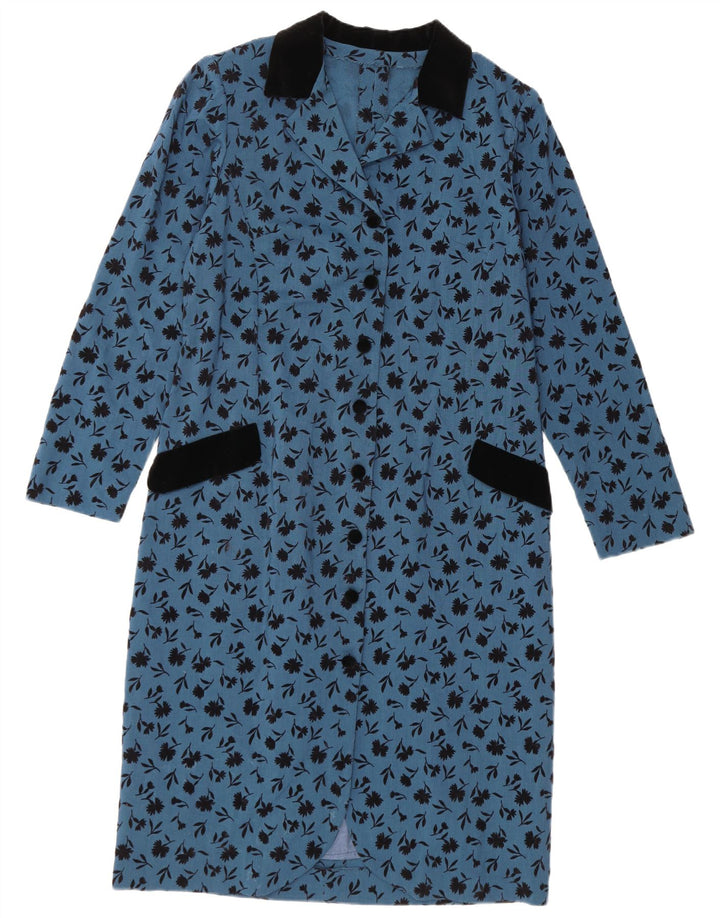 Vintage Dame Langærmet Skift Kjole UK 14 Medium Blue Floral