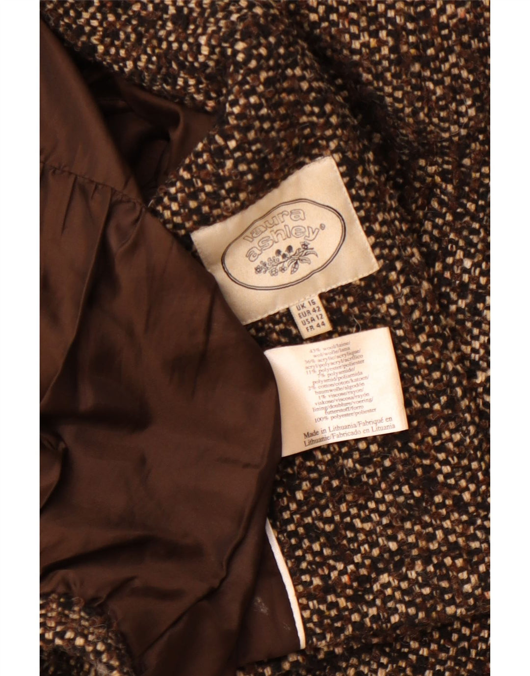 LAURA ASHLEY Dameoverfrakke UK 16 Stor brun flækket uld