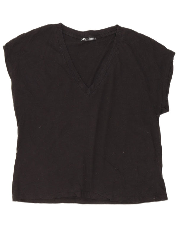 Zara Dame T-Shirt Top UK 14 Medium Sort Bomuld