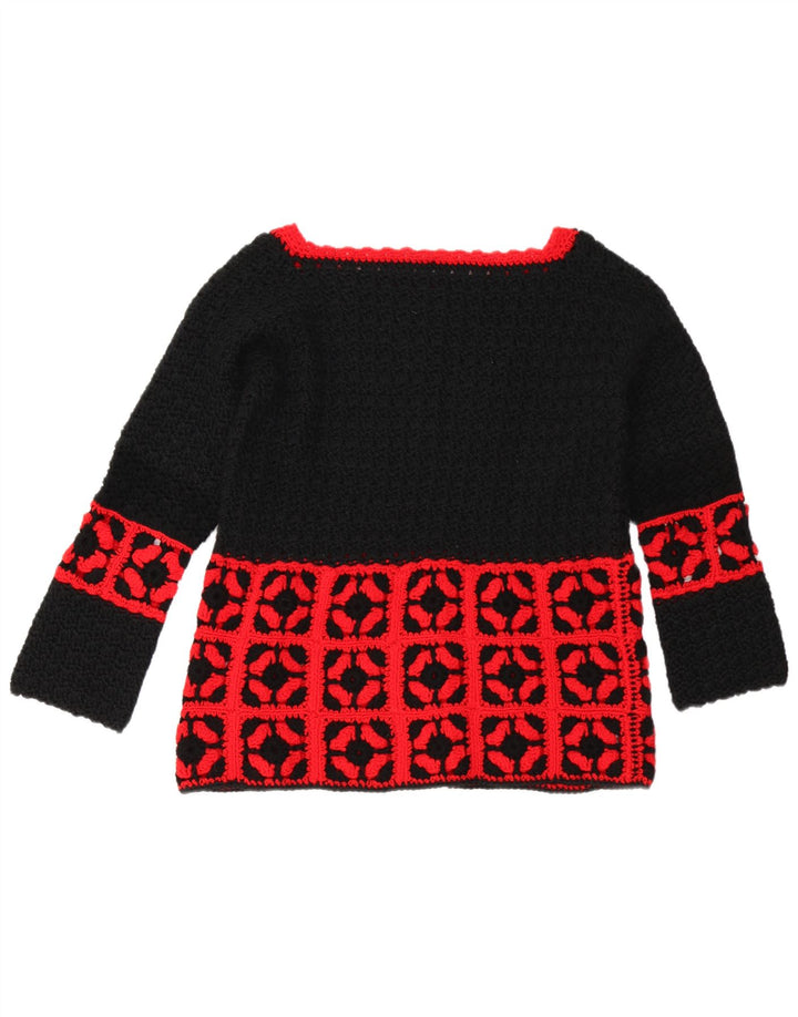 Vintage Dame Boat Neck Jumper Sweater UK 14 Medium Sort Geometrisk