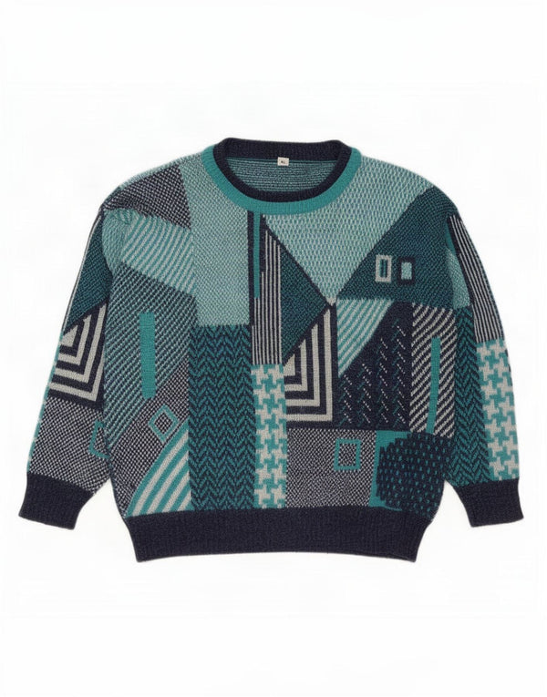Vintage Mens Crew Neck Jumper Sweater XL Multicoloured Geometric
