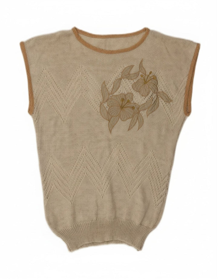 Vintage Dame Vest Tank Top UK 12 Medium Beige Floral Acryl