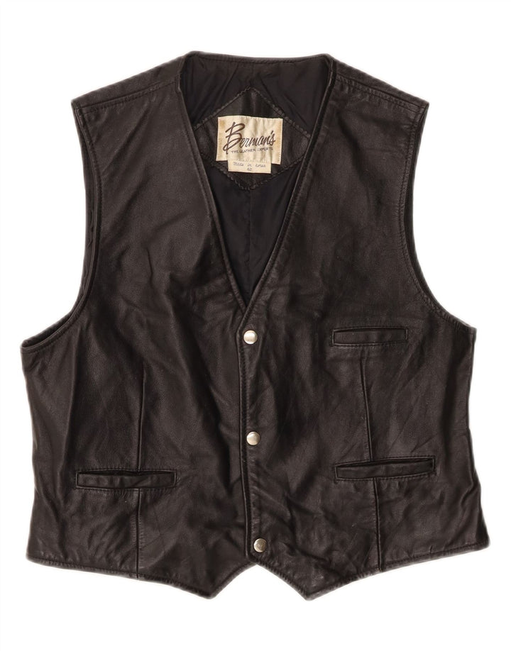 VINTAGE Mens Leather Waistcoat IT 42 XL Black Leather