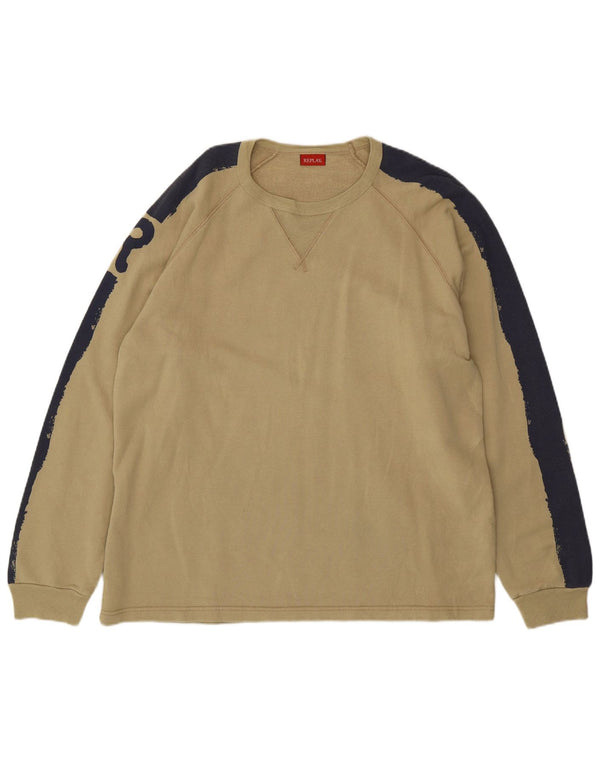 REPLAY Herre Sweatshirt Jumper XL Khaki Colourblock Bomuld