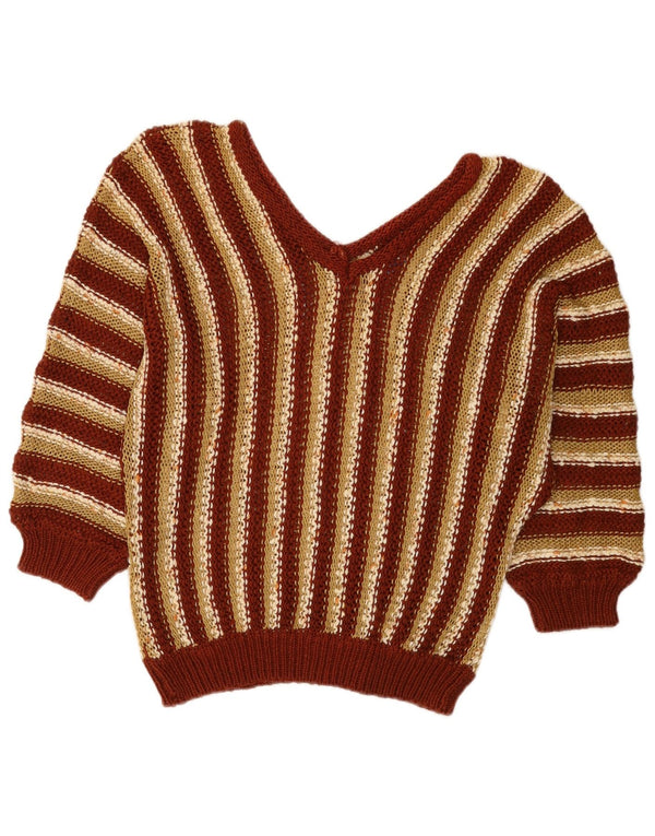 Vintage Womens 3/4 Sleeve V-Neck Jumper Sweater UK 14 Medium Brown Striped