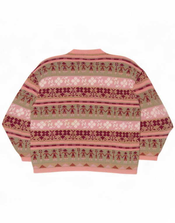 Vintage Dame Cardigan Sweater UK 18 XL Pink Fair Isle Akryl