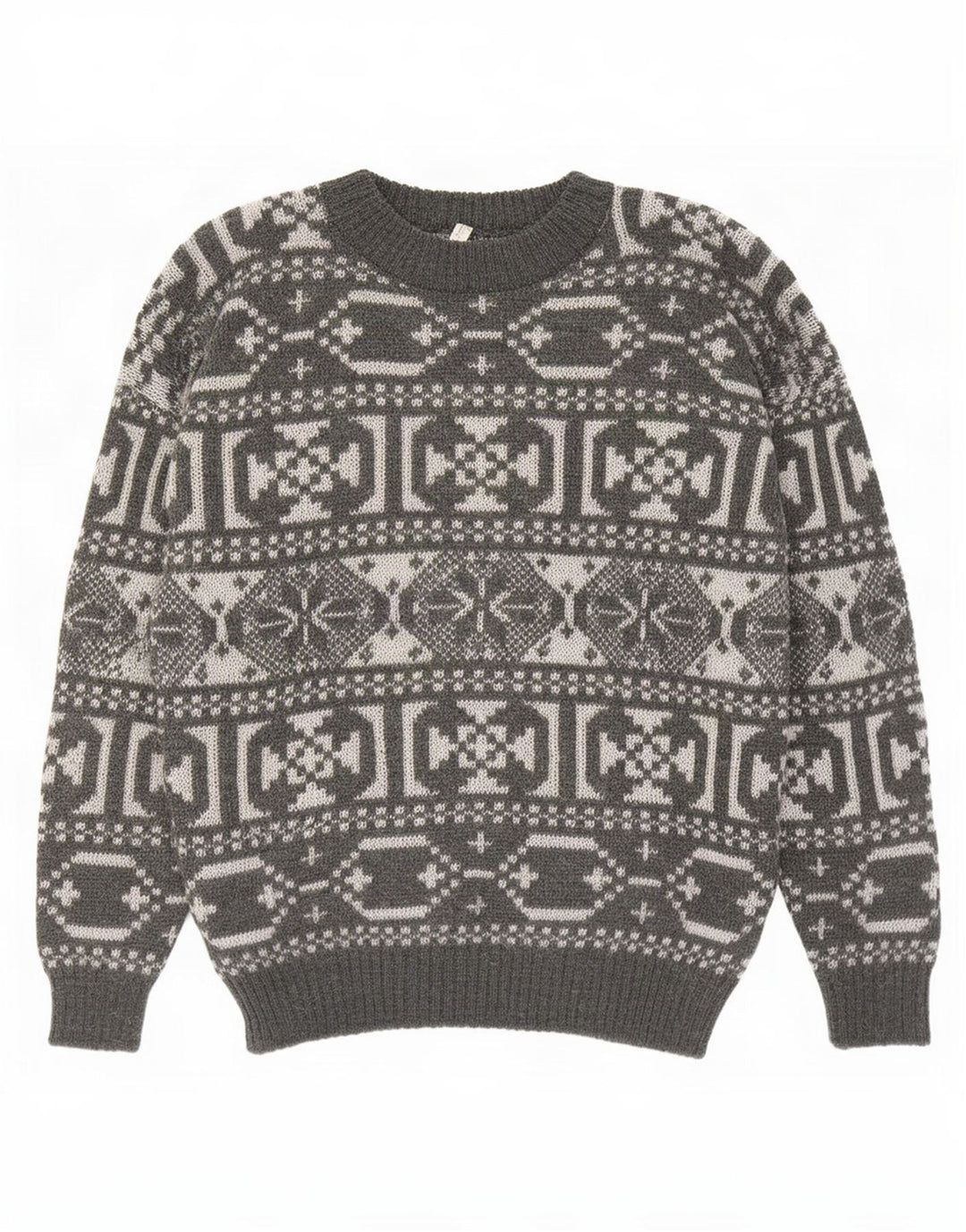 Vintage herre sweater med rund hals, mellemgrå geometrisk uld