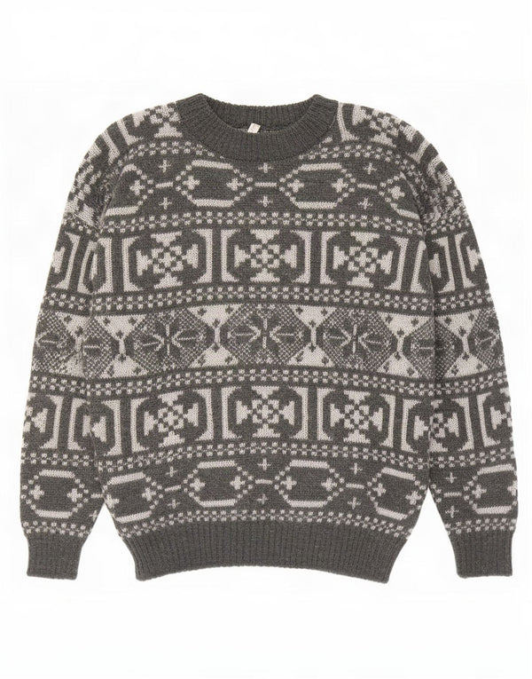 Vintage herre sweater med rund hals, mellemgrå geometrisk uld