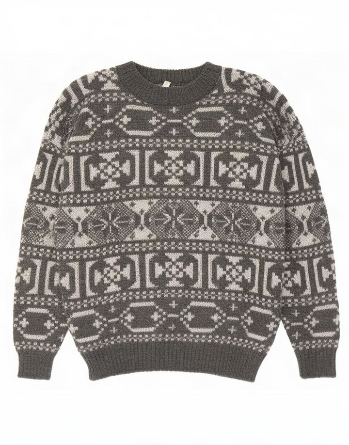 Vintage herre sweater med rund hals, mellemgrå geometrisk uld