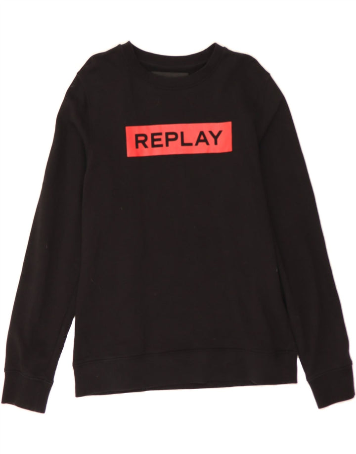 REPLAY Mens Graphic Sweatshirt Jumper Medium Black Cotton Vintage Replay and Second-Hand Replay from Messina Hembry 