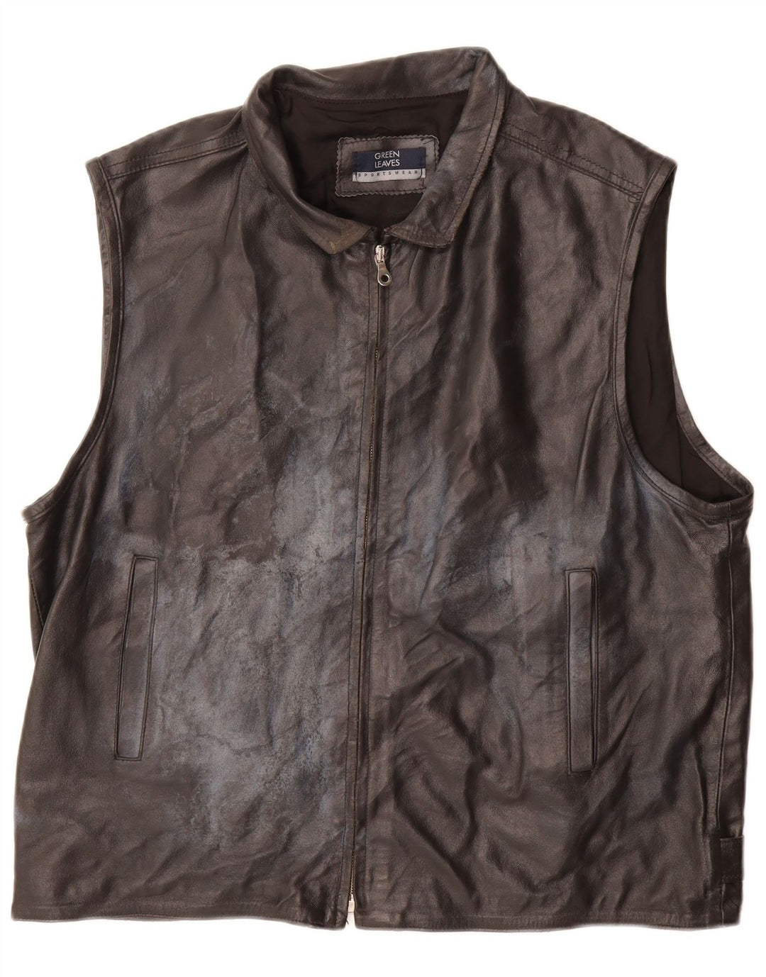 GREEN LEAVES Mens Leather Gilet Large Black Leather
