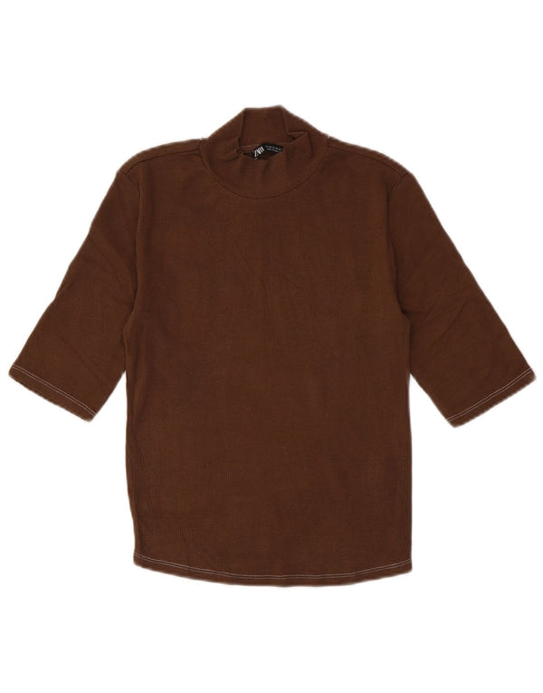 Zara Womens Crop Top 3/4 ærmer UK 12 Medium Brown Bomuld