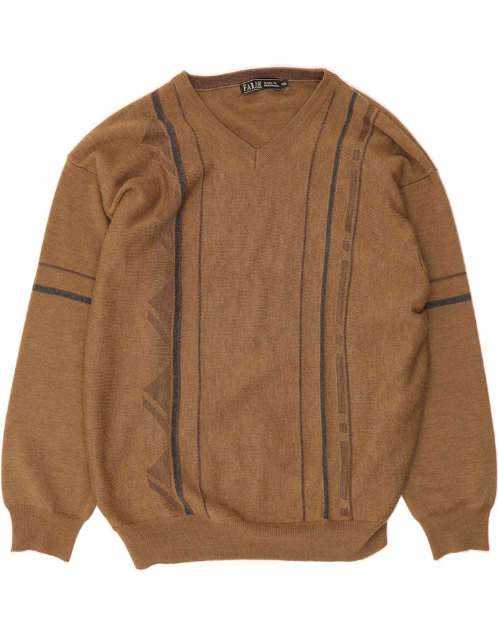 FARAH Mens V-Neck Jumper Sweater 2XL Brown Striped Acrylic Vintage Farah and Second-Hand Farah from Messina Hembry 