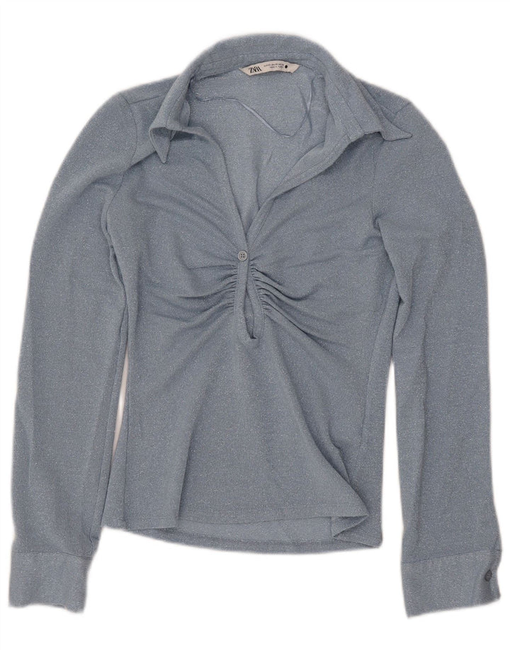 ZARA langærmet blusetop til kvinder UK 6 XS blå viskose