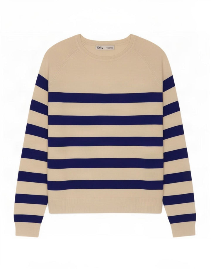 Zara Dame Top Langærmet UK 14 Medium Off White Stribet