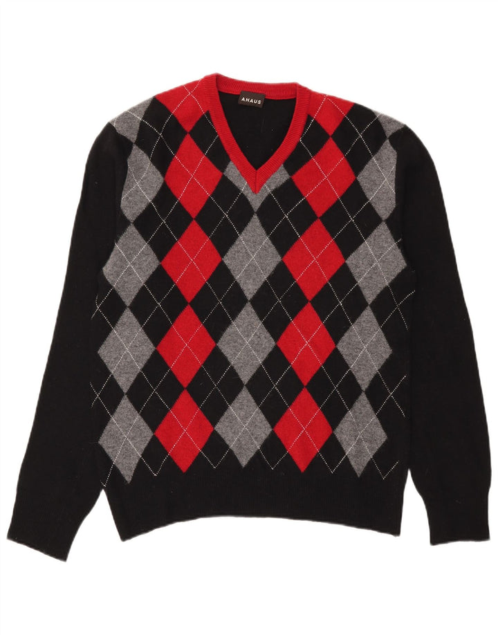 AHAUS Mens V-Neck Jumper Sweater Large Black Argyle/Diamond Wool