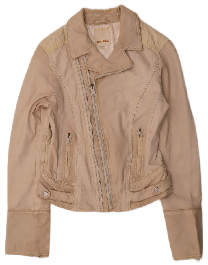 DIESEL Dame Crop Læder Biker Jacket UK 10 Small Beige Læder
