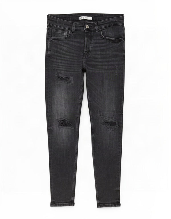 Zara Mens Distressed Skinny Jeans EU 42 Large W32 L30 Black Bomuld