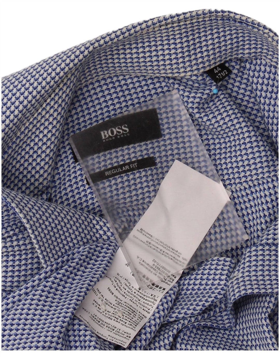 HUGO BOSS Herre Regular Fit Skjorte Størrelse 44 17 1/2 XL Blå Houndstooth Bomuld
