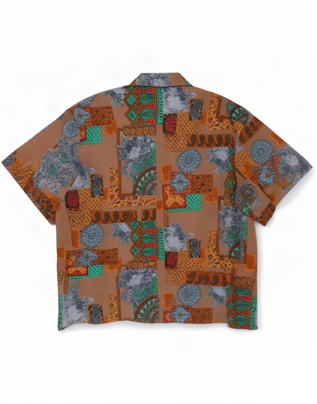 Vintage kvinders kortærmet skjortebluse UK 20 2XL brun patchwork silke