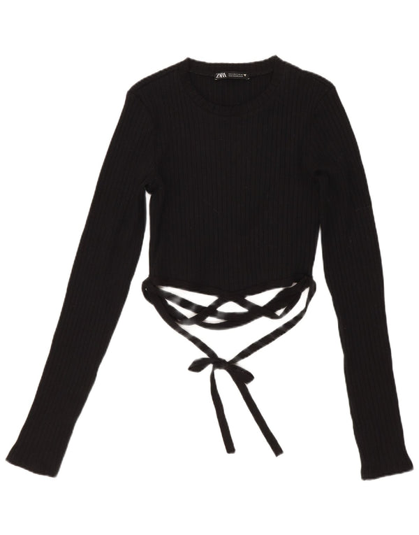 Zara Womens Crop Top Langærmet UK 8 Small Black Bomuld