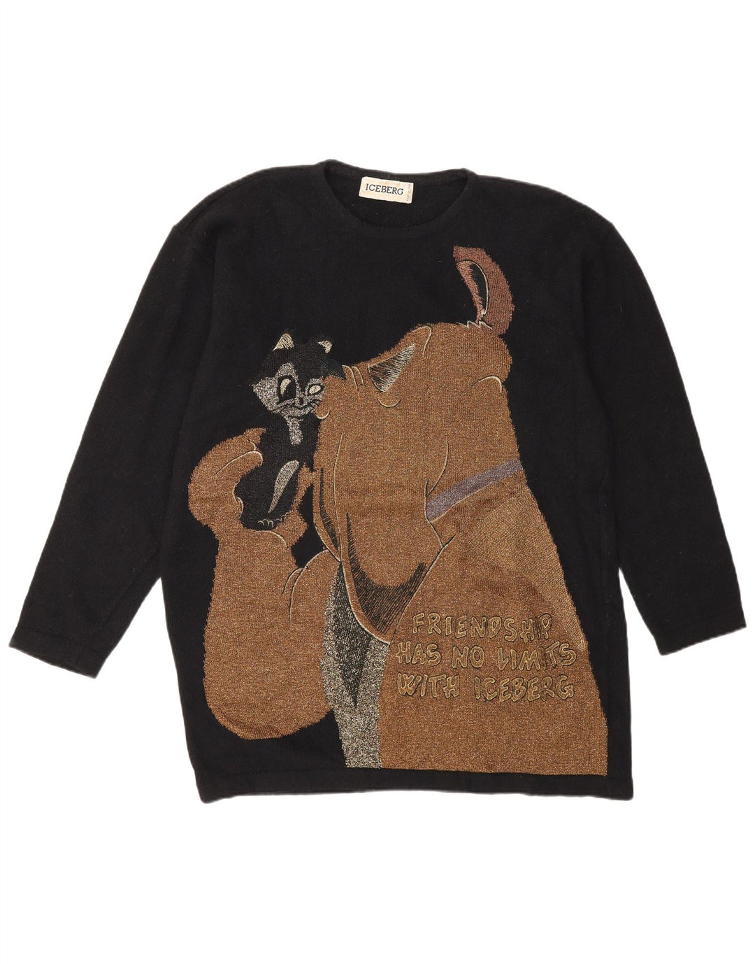 Iceberg Dame Grafisk Crew Neck Jumper Sweater UK 16 Large Black Wool