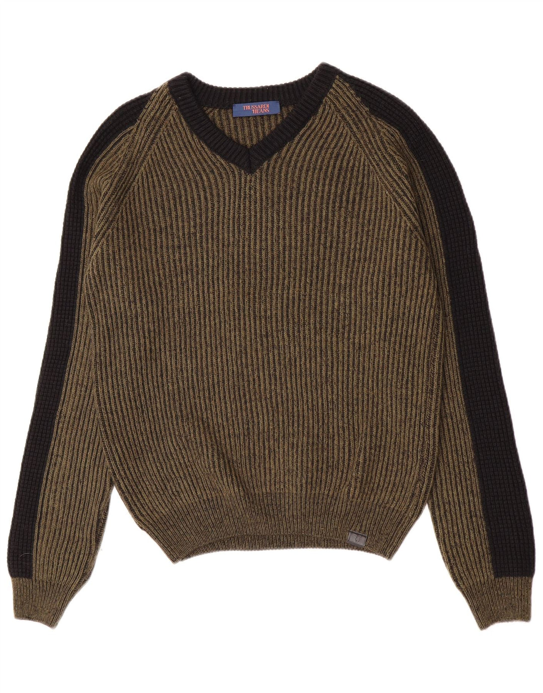 Trussardi Jeans Herre V-hals sweater Medium Khaki Colourblock