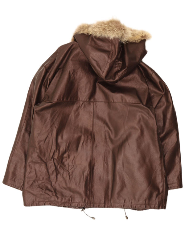 Vintage oversize læderjakke med hætte til kvinder IT 48 XL Brun