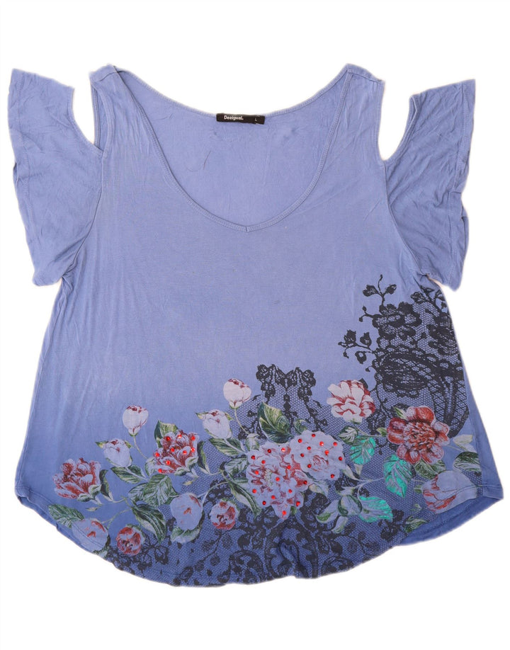 Desigual Womens Grafisk Off Shoulder Top UK 16 Large Blue Floral