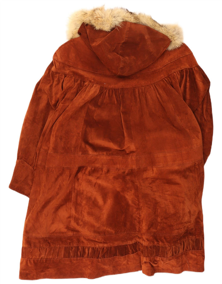Vintage Dame Oversized Hætte Ruskind Overfrakke UK 14 medium brunt læder