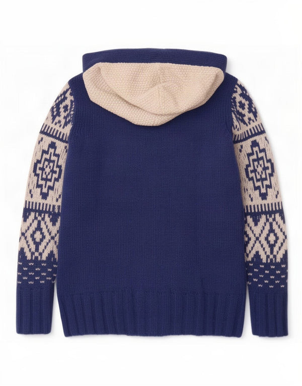 Tænk Pink Dame Hætte Cardigan Sweater UK 14 Medium Navy Blue Fair Isle