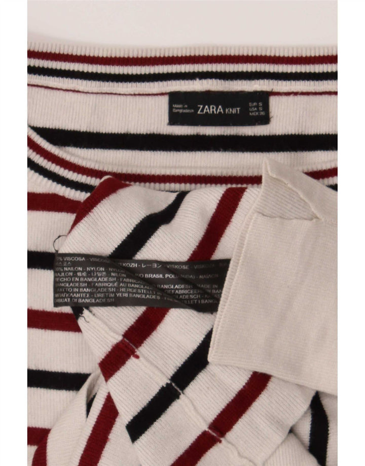 Zara Womens Crop Top Langærmet UK 10 Lille hvid stribet viskose
